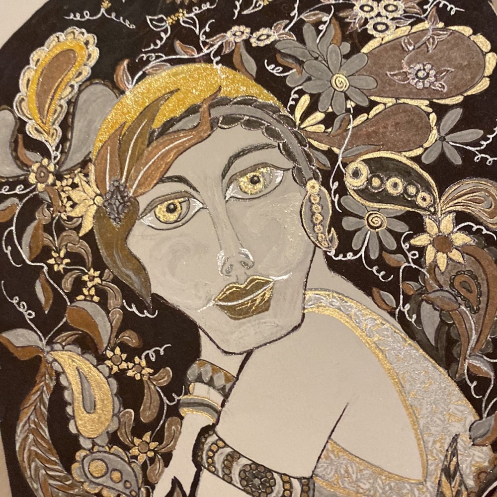 Unframed Original Art Drawing Illustration Metallic Flapper Portrait